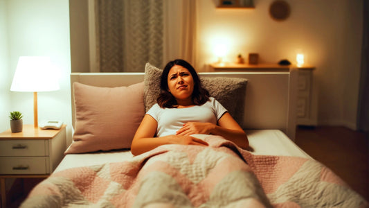 Femme allongé dans son lit se tenant le ventre de douleur
